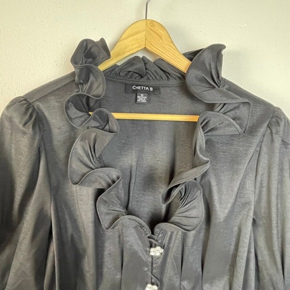 CHETTA B Women's Black Ruffled Embellished Button Up Dark Fairycore Top Size 16 - Picture 2 of 9